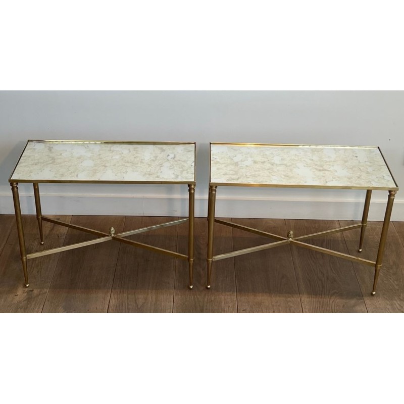 Pair of Brass Side Tables with Églomisé Mirror Tops, Maison Jansen, France, circa 1940
