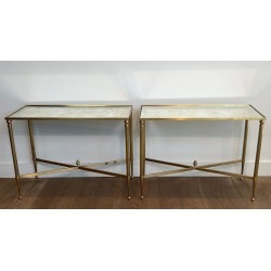 Pair of Brass Side Tables with Églomisé Mirror Tops, Maison Jansen, France, circa 1940