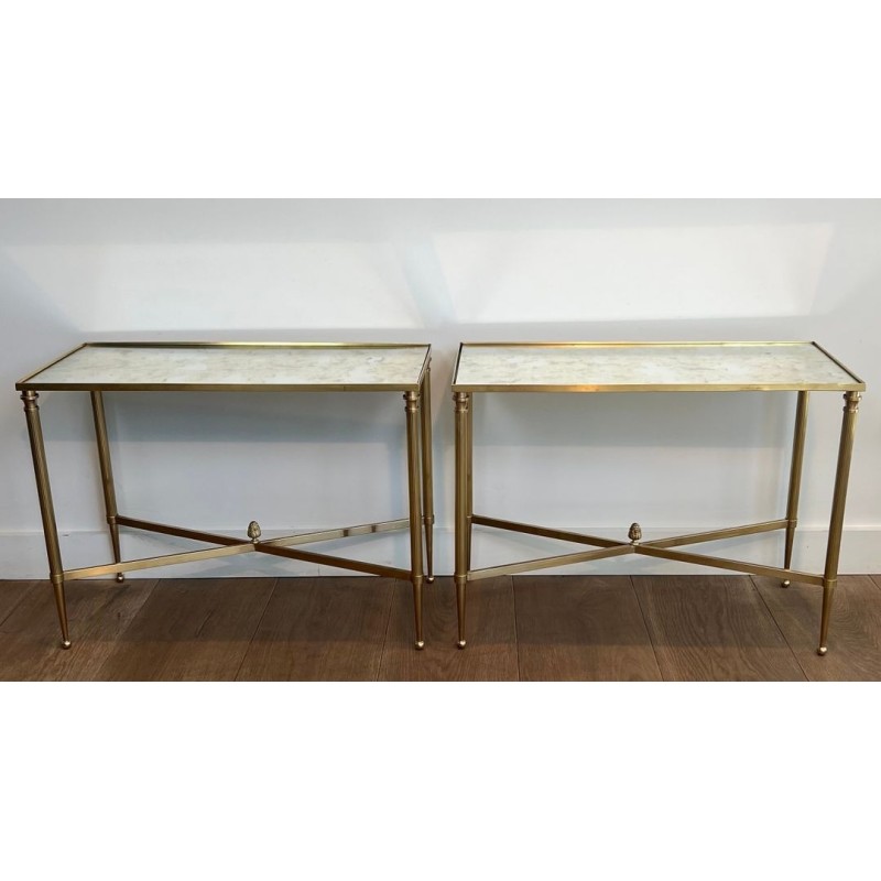 Pair of Brass Side Tables with Églomisé Mirror Tops, Maison Jansen, France, circa 1940