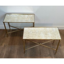 Pair of Brass Side Tables with Églomisé Mirror Tops, Maison Jansen, France, circa 1940