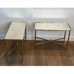 Pair of Brass Side Tables with Églomisé Mirror Tops, Maison Jansen, France, circa 1940