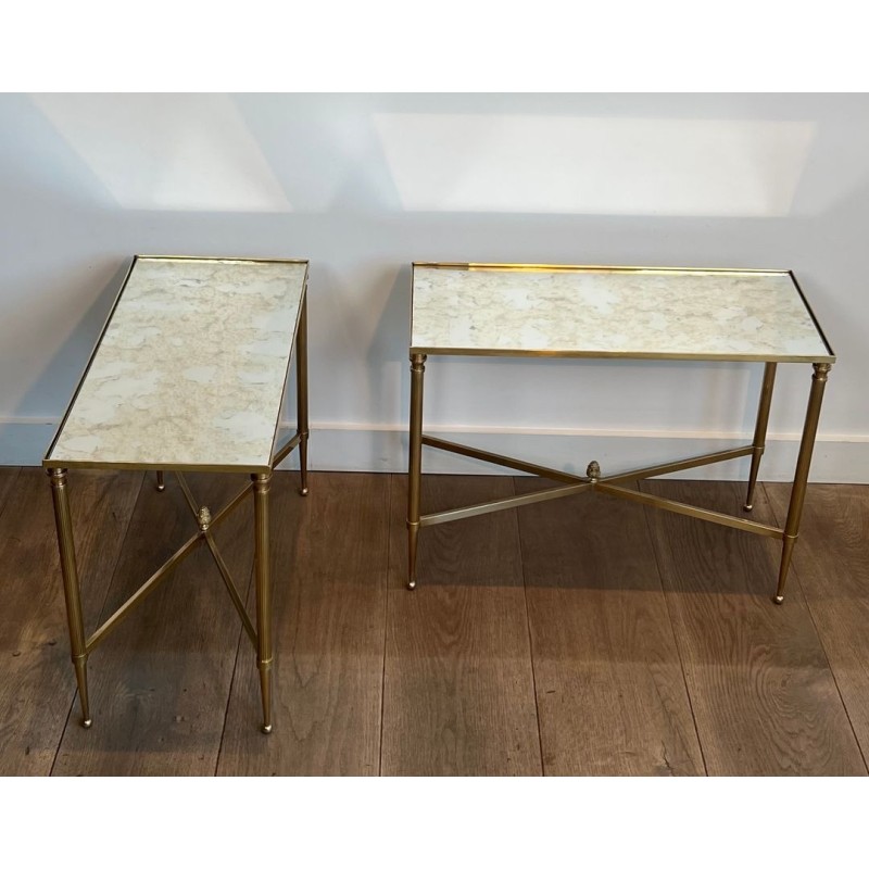 Pair of Brass Side Tables with Églomisé Mirror Tops, Maison Jansen, France, circa 1940