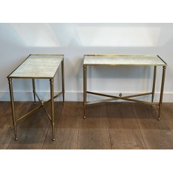 Pair of Brass Side Tables with Églomisé Mirror Tops, Maison Jansen, France, circa 1940