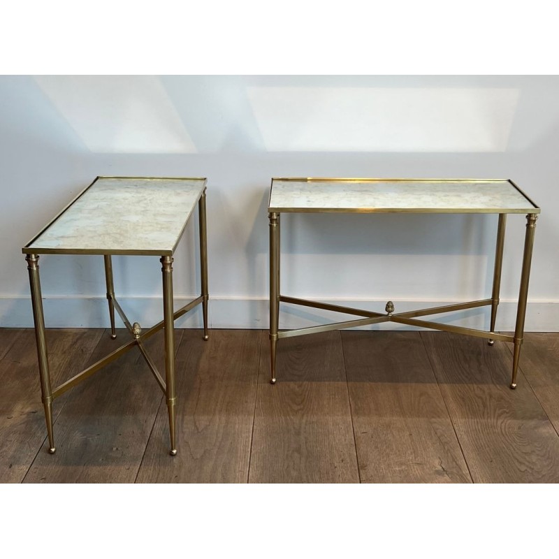 Pair of Brass Side Tables with Églomisé Mirror Tops, Maison Jansen, France, circa 1940
