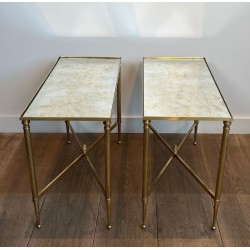 Pair of Brass Side Tables with Églomisé Mirror Tops, Maison Jansen, France, circa 1940