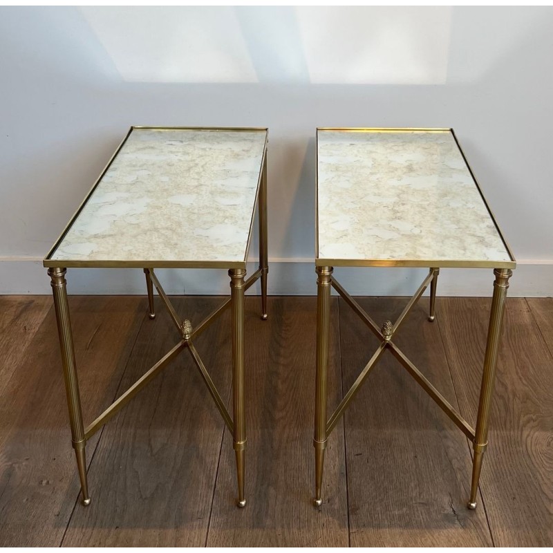 Pair of Brass Side Tables with Églomisé Mirror Tops, Maison Jansen, France, circa 1940