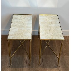 Pair of Brass Side Tables with Églomisé Mirror Tops, Maison Jansen, France, circa 1940