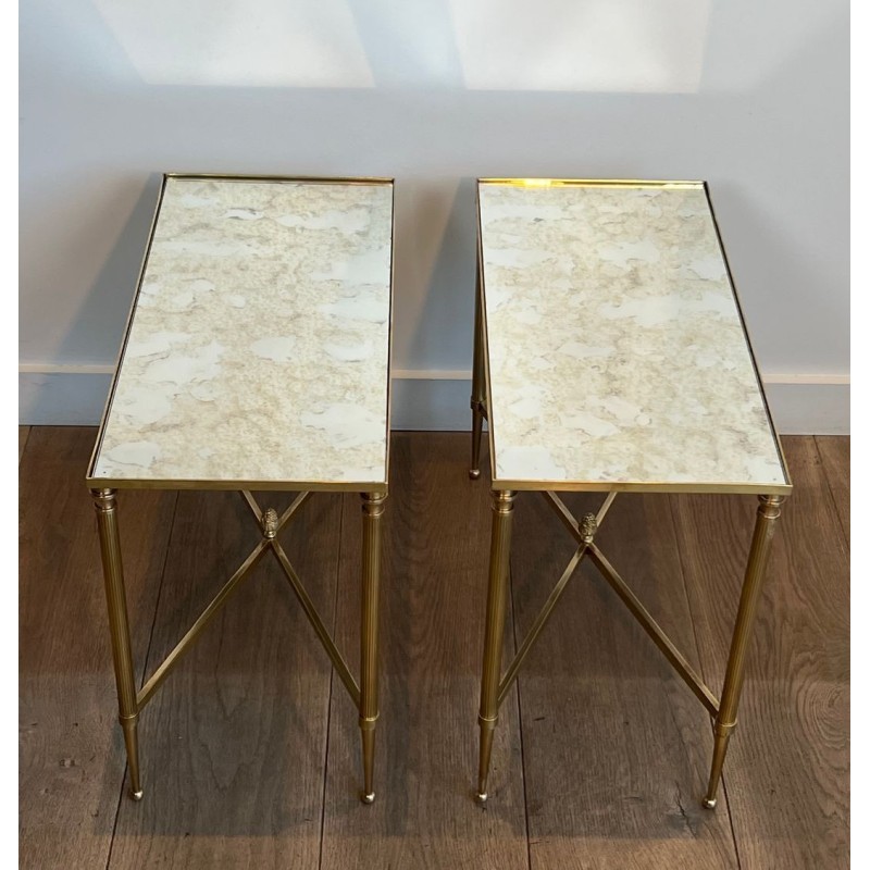 Pair of Brass Side Tables with Églomisé Mirror Tops, Maison Jansen, France, circa 1940
