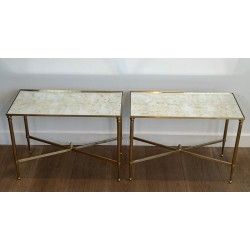 Pair of Brass Side Tables with Églomisé Mirror Tops, Maison Jansen, France, circa 1940