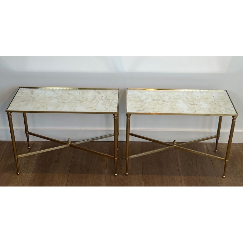 Pair of Brass Side Tables with Églomisé Mirror Tops, Maison Jansen, France, circa 1940