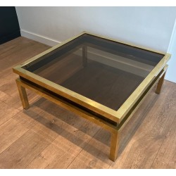 Brass and Black Lacquer Coffee Table with Smoked Glass, Guy Lefèvre for Maison Jansen, France, circa 1970
