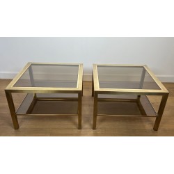 Pair of Square Brass Side Tables with Smoked Glass Tops, France, circa 1970
