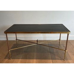 Brass Neoclassical Coffee Table with Black Leather and Gilt Border Top, Maison Jansen, France, circa 1940