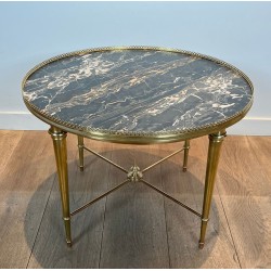 Round Brass Neoclassical Coffee Table with Marble Top, Maison Ramsay, France, circa 1940