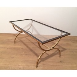 Brass Art Déco Coffee Table with Clear Glass and Black Lacquer Border, Maison Jansen, France, circa 1940