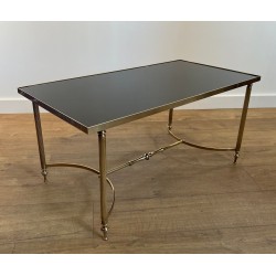 Brass Coffee Table with Black Lacquered Glass Top, Maison Jansen, France, circa 1940