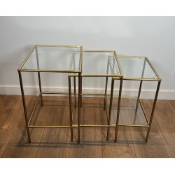 Set of Neoclassical Brass Nesting Tables with Glass Shelves, French Work, France, circa 1970