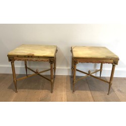 Pair of Neoclassical Square Brass Side Tables with Onyx Tops, in the Style of Jansen, France, circa 1940