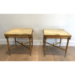 Pair of Neoclassical Square Brass Side Tables with Onyx Tops, in the Style of Jansen, France, circa 1940
