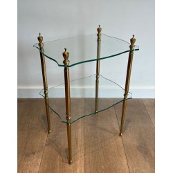 Two-Tier Brass Side Table with Glass Shelves and Finial Uprights, Maison Jansen, France, circa 1940