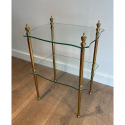 Two-Tier Brass Side Table with Glass Shelves and Finial Uprights, Maison Jansen, France, circa 1940