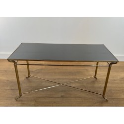 Rectangular Brass Coffee Table with Black Lacquered Glass Top, in the Style of Jansen, France, circa 1940