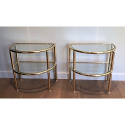 Pair of D-Shaped Two-Tier Brass and Silvered Metal Side Tables, French Work, France, circa 1970