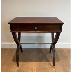 Neoclassical Mahogany and Brass Side Table with Curule X-Legs, in the Style of Jansen, France, circa 1940