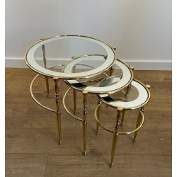 Set of Three Round Brass Nesting Tables with Silver-Rimmed Glass Tops, French Work, France, circa 1940