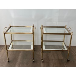 Pair of Brass Rolling Side Tables with Removable Glass Trays, Maison Jansen, France, circa 1940
