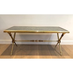 Neoclassical Brass Coffee Table with Green Marble Top, in the Style of Raymond Subes, France, circa 1940