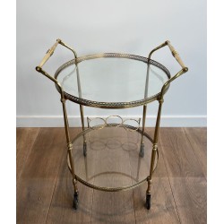 Round Brass Drinks Trolley, Neoclassical Style, in the Style of Maison Jansen, France, circa 1940