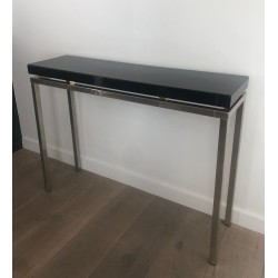 Chromed Console with Thick Black Lacquered Top, French Work, France, circa 1970
