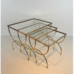 Set of Neoclassical Brass Nesting Tables with Arcuate Base, French Work, France, circa 1970
