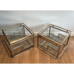 Pair of Mid-Century Chrome, Brass and Glass Side Tables, French Work, France, circa 1970