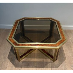 Octagonal Burr Walnut and Brass Coffee Table, French Work, France, circa 1970