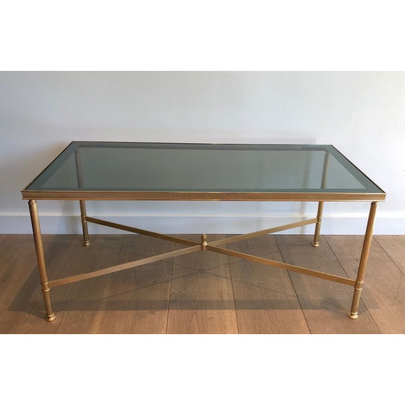 Neoclassical Gilt Metal Coffee Table with Blue Glass Shelf, in the Style of Maison Jansen, France, circa 1940