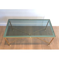 Neoclassical Gilt Metal Coffee Table with Blue Glass Shelf, in the Style of Maison Jansen, France, circa 1940