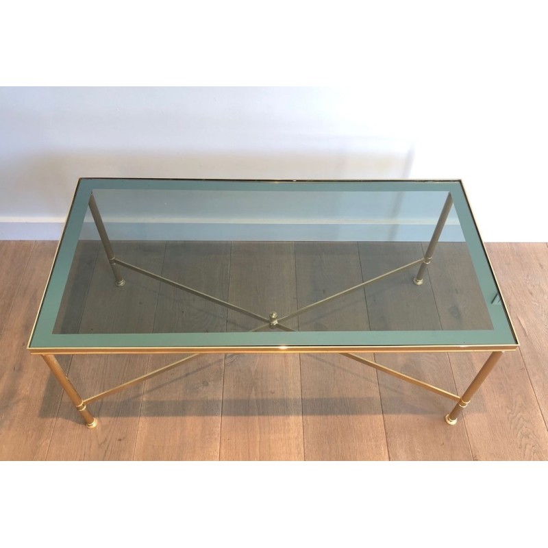 Neoclassical Gilt Metal Coffee Table with Blue Glass Shelf, in the Style of Maison Jansen, France, circa 1940