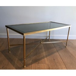 Neoclassical Gilt Metal Coffee Table with Blue Glass Shelf, in the Style of Maison Jansen, France, circa 1940
