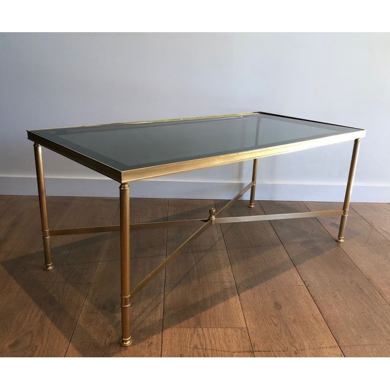 Neoclassical Gilt Metal Coffee Table with Blue Glass Shelf, in the Style of Maison Jansen, France, circa 1940