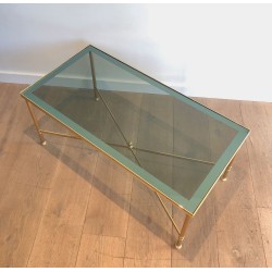 Neoclassical Gilt Metal Coffee Table with Blue Glass Shelf, in the Style of Maison Jansen, France, circa 1940