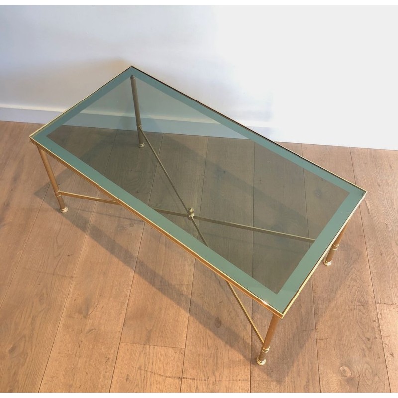 Neoclassical Gilt Metal Coffee Table with Blue Glass Shelf, in the Style of Maison Jansen, France, circa 1940
