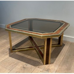 Octagonal Burr Walnut and Brass Coffee Table, French Work, France, circa 1970