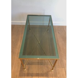 Neoclassical Gilt Metal Coffee Table with Blue Glass Shelf, in the Style of Maison Jansen, France, circa 1940