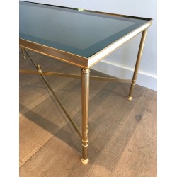 Neoclassical Gilt Metal Coffee Table with Blue Glass Shelf, in the Style of Maison Jansen, France, circa 1940
