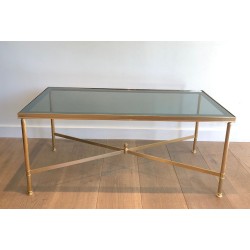 Neoclassical Gilt Metal Coffee Table with Blue Glass Shelf, in the Style of Maison Jansen, France, circa 1940