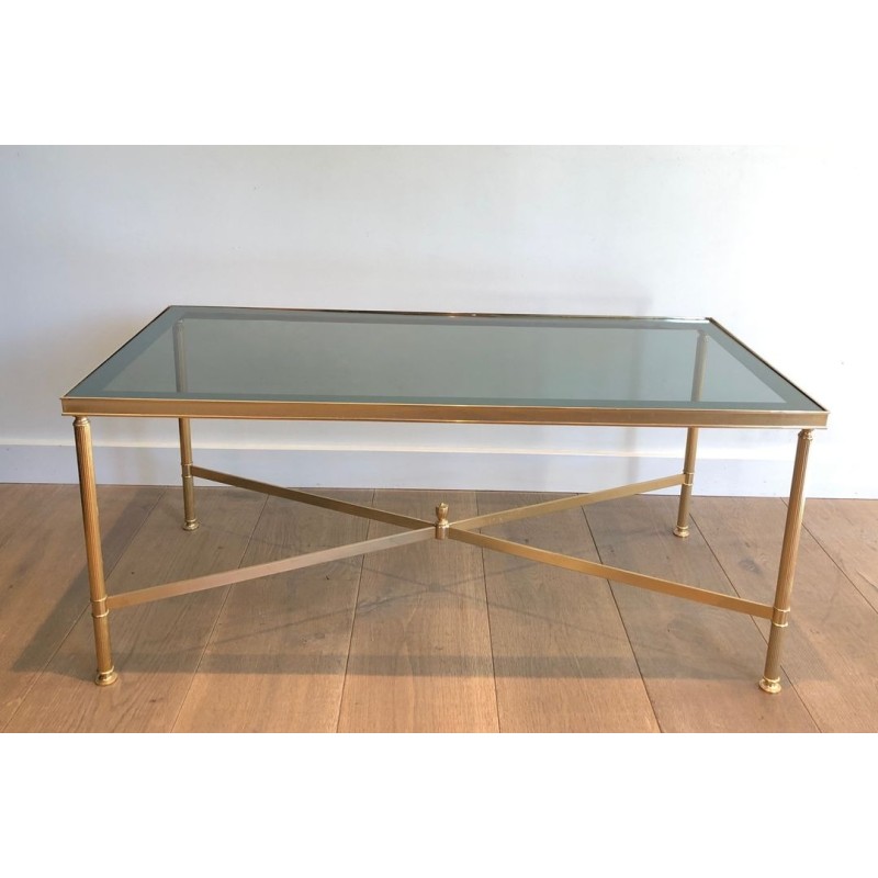 Neoclassical Gilt Metal Coffee Table with Blue Glass Shelf, in the Style of Maison Jansen, France, circa 1940