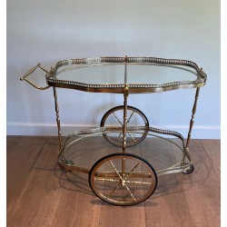 Neoclassical Oval Brass Drinks Trolley with Two Glass Shelves, French Work, France, circa 1940