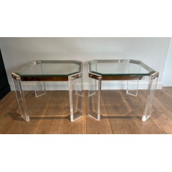 Pair of Octagonal Lucite and Chrome Side Tables, Maison Jansen, France, circa 1970